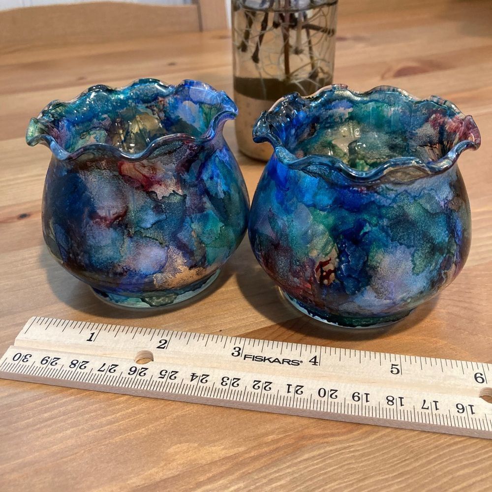 New Hand Painted Glass Tealight Holders Colorful Alcohol Ink - Set of 2 - Picture 4 of 7